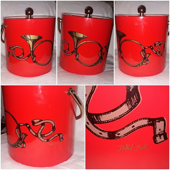 Daniel Baer Signed Hunting Horn Motif Ice Bucket Red & Gold - Picture 1 of 12